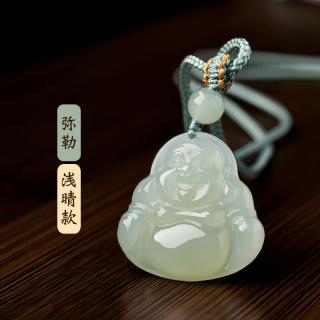玉佛吊坠女和田公青海料晴水和田玉弥勒佛挂件玉石青玉 浅晴款